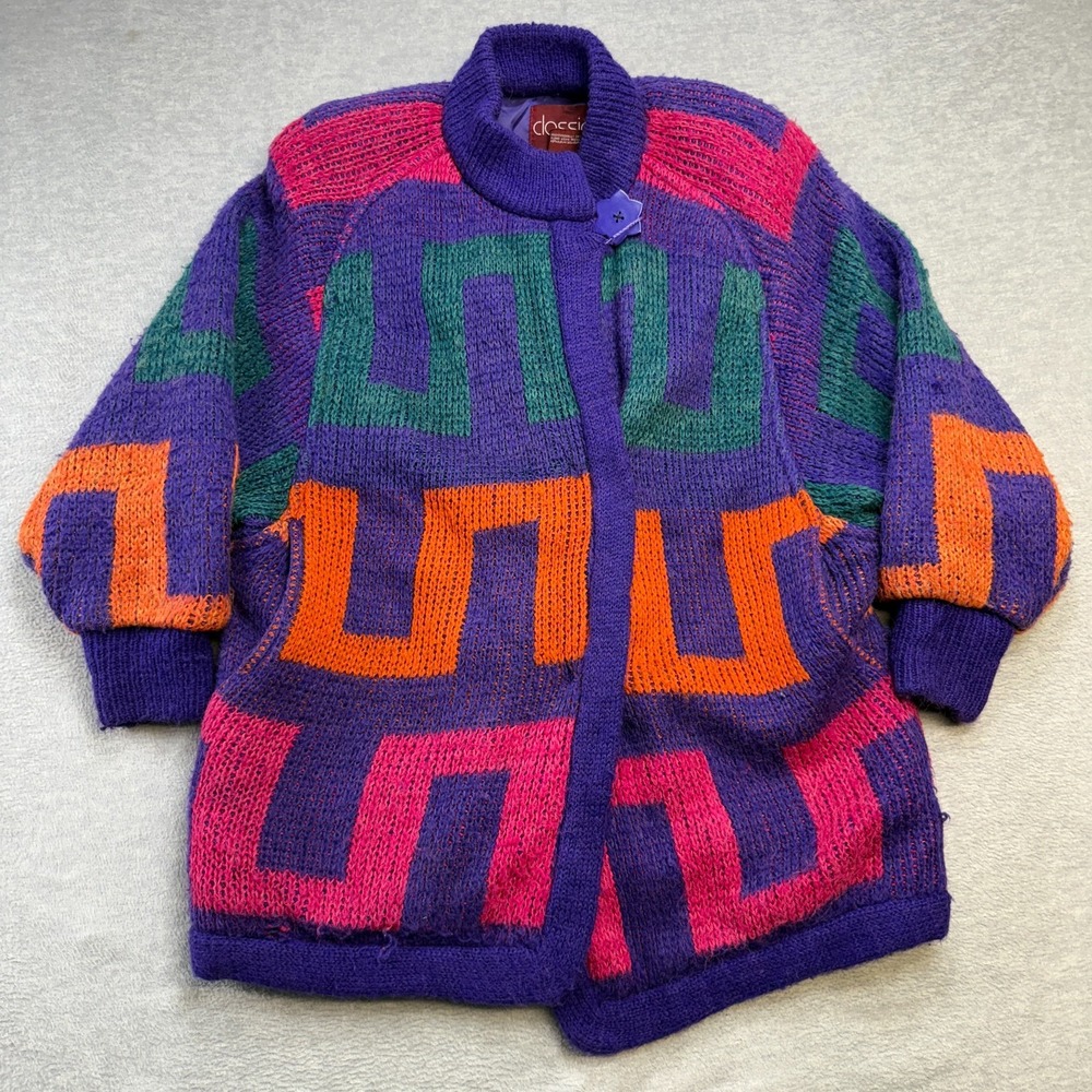 Vintage Cardigan Sweater Womens Medium Colorful Geometric‎ Oversized Coat Retro